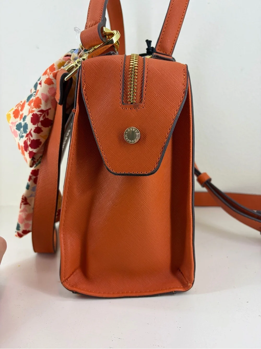 Steve Madden Orange Crossbody Satchel with Floral Scarf Accent - Picture 6 of 10